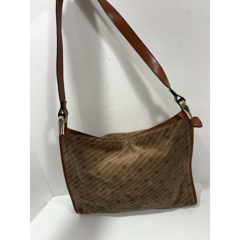 OTTINO Firenze Italy Handbag Shoulder Bag Suede Leather Logo Print Brown Purse‎